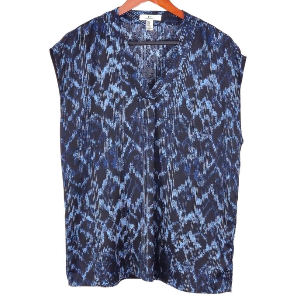H by Halston Abstract Print Blouse Blue Black L Office Chic Modern